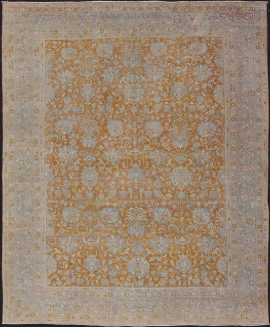 Antique Indian Amritsar Rug in Light Orange/Saffron, Pink, Light Blue & Green. Keivan Woven Arts / Rug/11 - 20210 country of origin / type: India / Amritsar, circa 1910. Measures: 9'10 x 13'3 The soft orange, light pink, light blue, yellow,... - Keivan Woven Arts11 - 20210 - 8656Rug