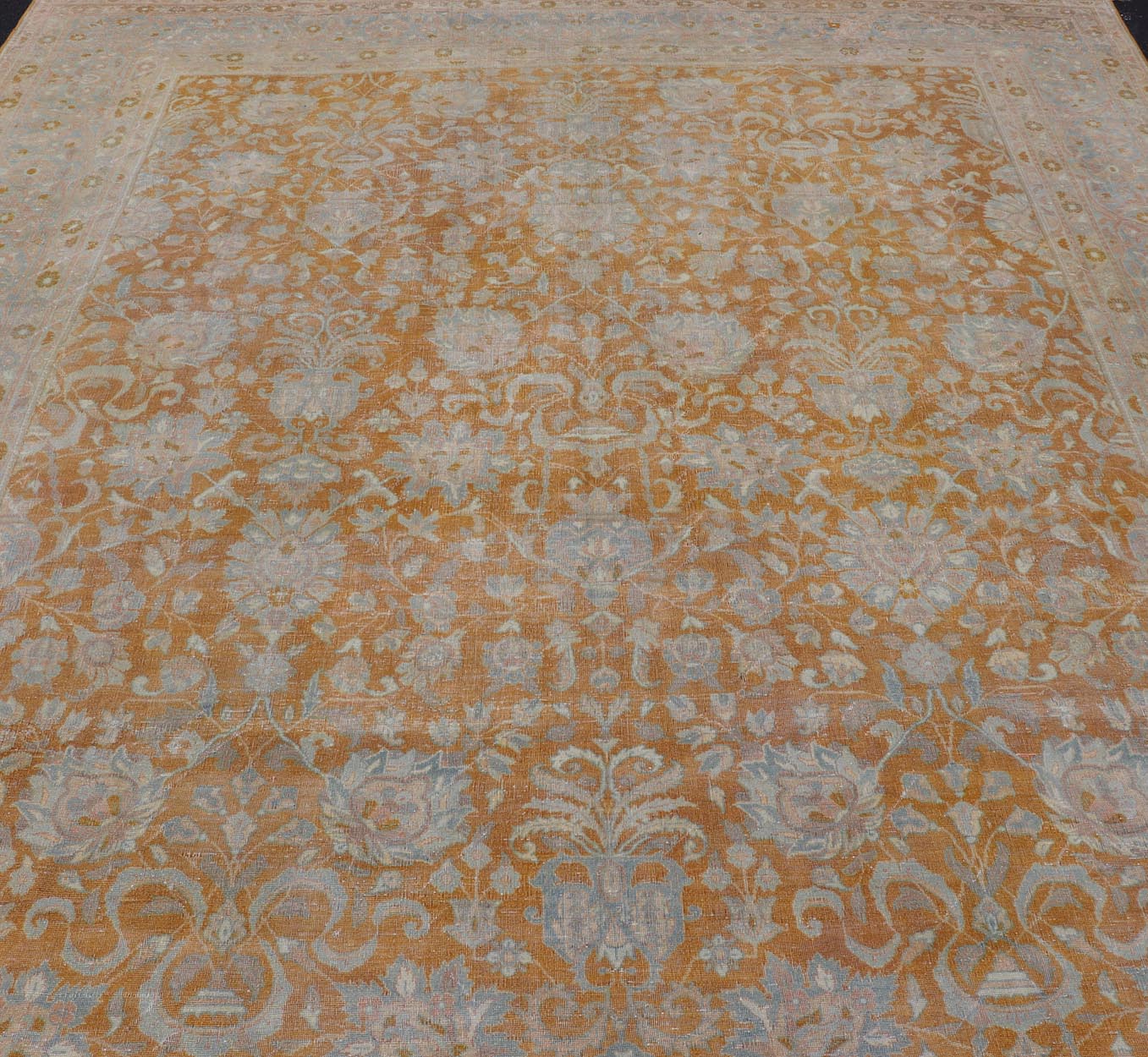 Antique Indian Amritsar Rug in Light Orange/Saffron, Pink, Light Blue & Green. Keivan Woven Arts / Rug/11 - 20210 country of origin / type: India / Amritsar, circa 1910. Measures: 9'10 x 13'3 The soft orange, light pink, light blue, yellow,... - Keivan Woven Arts11 - 20210 - 8656Rug