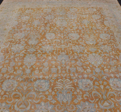 Antique Indian Amritsar Rug in Light Orange/Saffron, Pink, Light Blue & Green. Keivan Woven Arts / Rug/11 - 20210 country of origin / type: India / Amritsar, circa 1910. Measures: 9'10 x 13'3 The soft orange, light pink, light blue, yellow,... - Keivan Woven Arts11 - 20210 - 8656Rug