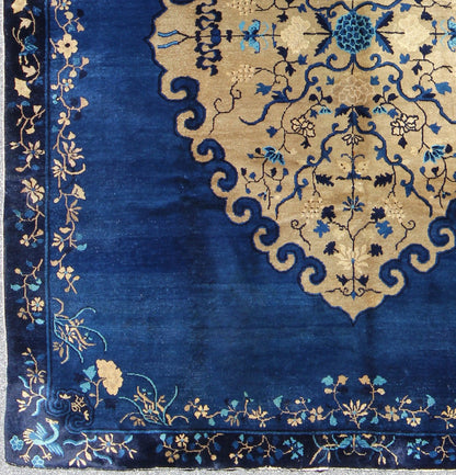 Antique Chinese Peking Rug in Royal Blue and Golden Camel Medallion - Keivan Woven Arts11 - 20311Rugs