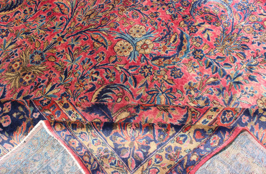 Fine Weave Antique Persian Manchester Kashan Rug with Silky Wool. Manchester Kashan antique Persian rug with all - over Arabesque design in soft soft red background and blue border , rug 11 - 20531, country of origin / type: Iran / Kashan, circa. 1... - Keivan Woven Arts11 - 20531 - 587Rug