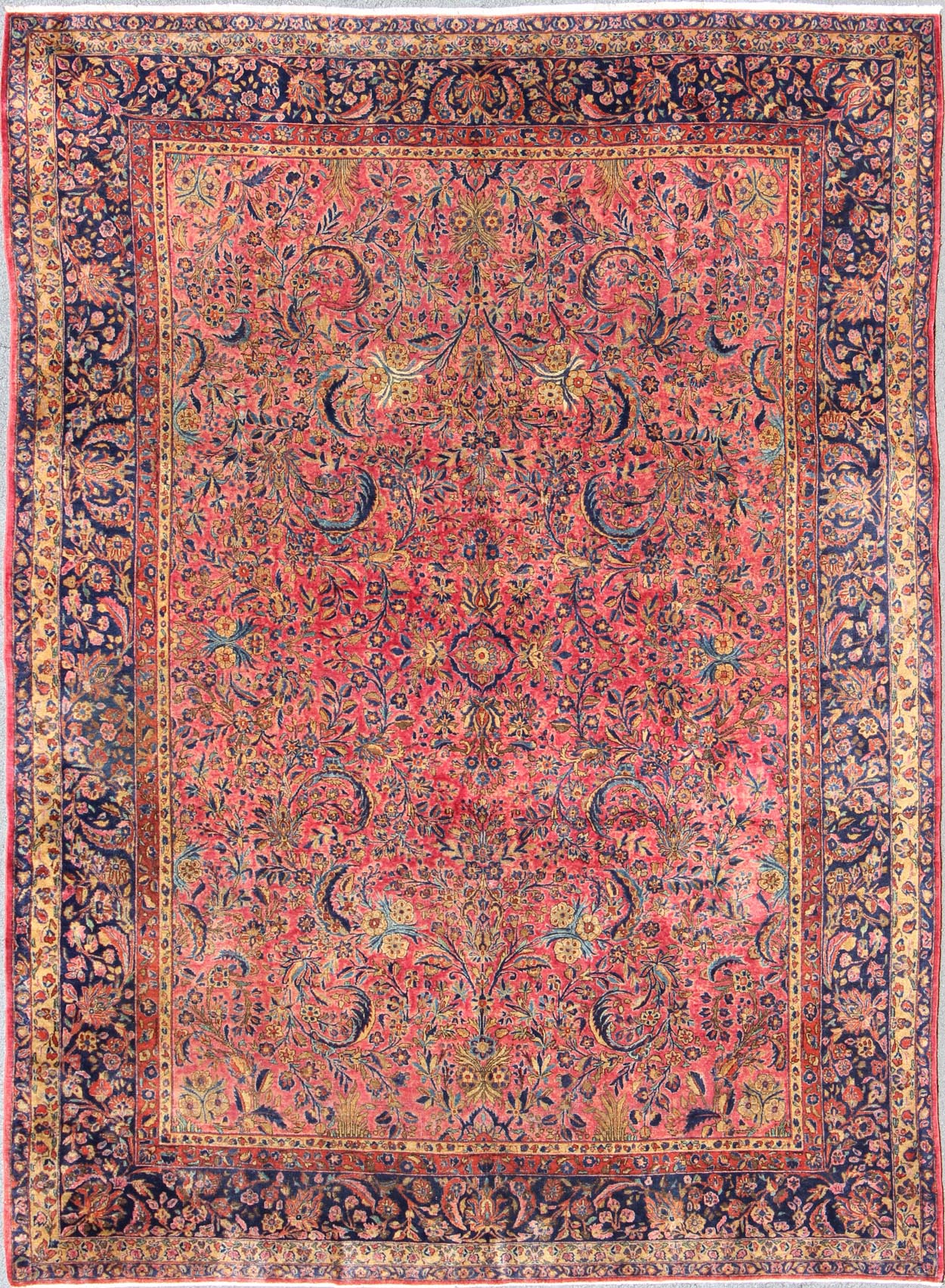 Fine Weave Antique Persian Manchester Kashan Rug with Silky Wool. Manchester Kashan antique Persian rug with all - over Arabesque design in soft soft red background and blue border , rug 11 - 20531, country of origin / type: Iran / Kashan, circa. 1... - Keivan Woven Arts11 - 20531 - 587Rug