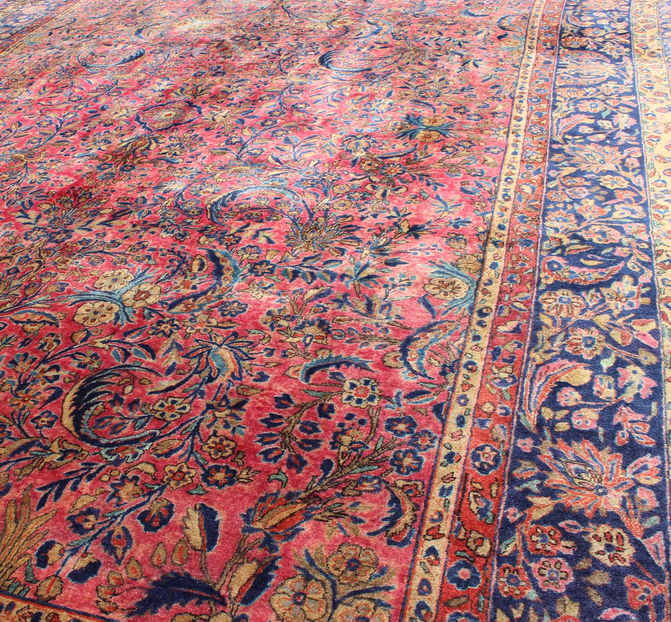 Fine Weave Antique Persian Manchester Kashan Rug with Silky Wool. Manchester Kashan antique Persian rug with all - over Arabesque design in soft soft red background and blue border , rug 11 - 20531, country of origin / type: Iran / Kashan, circa. 1... - Keivan Woven Arts11 - 20531 - 587Rug