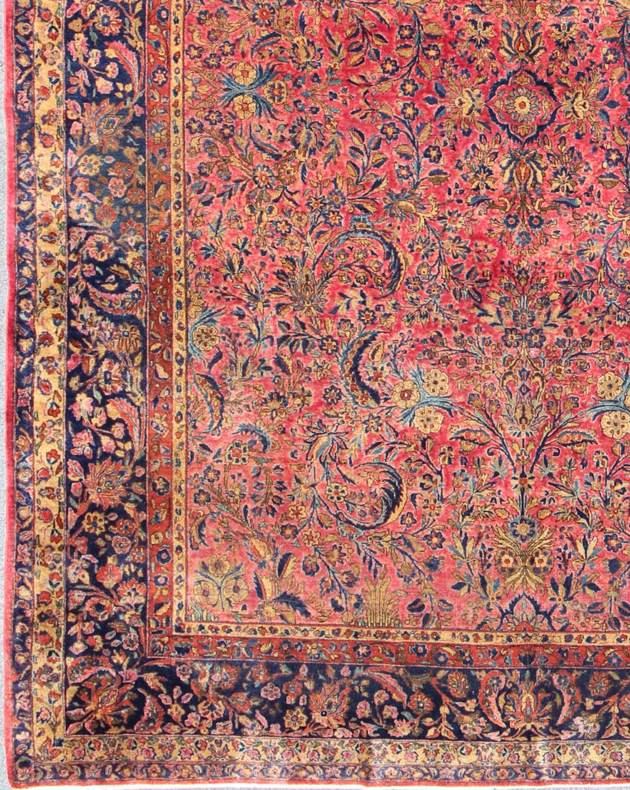 Fine Weave Antique Persian Manchester Kashan Rug with Silky Wool. Manchester Kashan antique Persian rug with all - over Arabesque design in soft soft red background and blue border , rug 11 - 20531, country of origin / type: Iran / Kashan, circa. 1... - Keivan Woven Arts11 - 20531 - 587Rug
