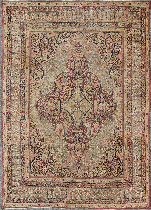 Antique 19th Century Persian Lavar Kerman Rug With Floral Medallion With Pink.Antique 19th Century Persian Lavar Kerman Rug With Floral Medallion With Pink. Keivan Woven Arts/ rug 11 - 20916, country of origin / type: Persia/Iran / Lavar Kerman/Ravar Ker... - Keivan Woven Arts11 - 20916 - 433