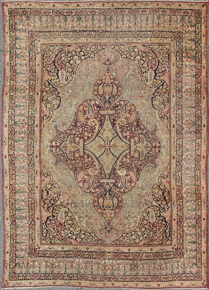 Antique 19th Century Persian Lavar Kerman Rug With Floral Medallion With Pink.Antique 19th Century Persian Lavar Kerman Rug With Floral Medallion With Pink. Keivan Woven Arts/ rug 11 - 20916, country of origin / type: Persia/Iran / Lavar Kerman/Ravar Ker... - Keivan Woven Arts11 - 20916 - 433Rug
