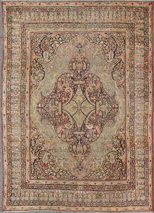 Antique 19th Century Persian Lavar Kerman Rug With Floral Medallion With Pink.Antique 19th Century Persian Lavar Kerman Rug With Floral Medallion With Pink. Keivan Woven Arts/ rug 11 - 20916, country of origin / type: Persia/Iran / Lavar Kerman/Ravar Ker... - Keivan Woven Arts11 - 20916 - 433Rug