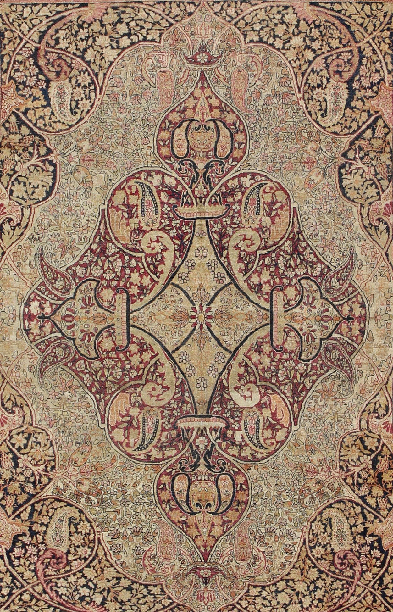 Antique 19th Century Persian Lavar Kerman Rug With Floral Medallion With Pink.Antique 19th Century Persian Lavar Kerman Rug With Floral Medallion With Pink. Keivan Woven Arts/ rug 11 - 20916, country of origin / type: Persia/Iran / Lavar Kerman/Ravar Ker... - Keivan Woven Arts11 - 20916 - 433Rug