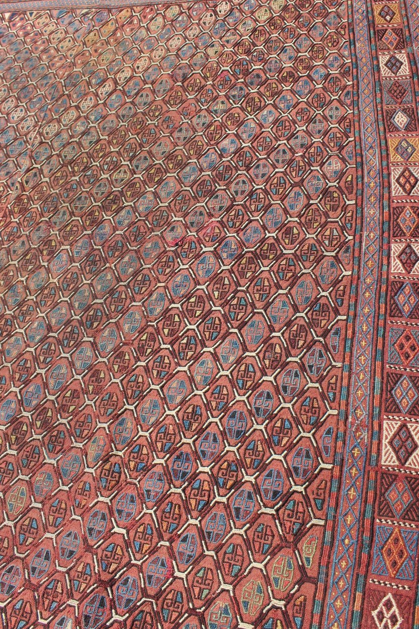 Antique Caucasian Verneh Rug with Geometric Design in Red, Blue, Green, Ivory Verneh Antique Rug from Caucasus with Geometric Motifs in Multicolors, rug 11 - 90108, country of origin / type: Caucasus / Verneh, circa 1900. This modern - desig... - Keivan Woven Arts11 - 90108 - 185Rug