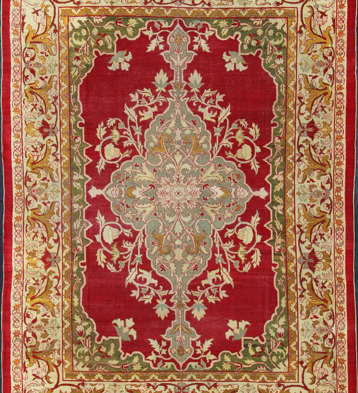 Indian Agra Antique Rug with Center Medallion in Green, Red, and Gold Colors. Keivan Woven Arts / 11 - 90208, circa 1910, Early 20 - th Century Indian Agra This outstanding Agra rug from the late 19th Century, with its bold design and color comb... - Keivan Woven Arts11 - 90208 - 151Rug