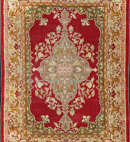 Indian Agra Antique Rug with Center Medallion in Green, Red, and Gold Colors. Keivan Woven Arts / 11 - 90208, circa 1910, Early 20 - th Century Indian Agra This outstanding Agra rug from the late 19th Century, with its bold design and color comb... - Keivan Woven Arts11 - 90208 - 151Rug