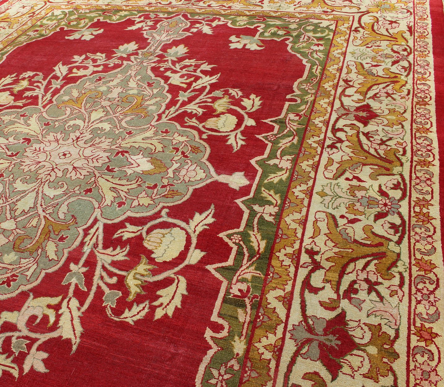 Indian Agra Antique Rug with Center Medallion in Green, Red, and Gold Colors. - Keivan Woven Arts11 - 90208Rugs
