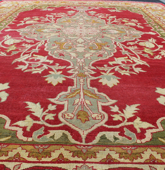 Indian Agra Antique Rug with Center Medallion in Green, Red, and Gold Colors. - Keivan Woven Arts11 - 90208Rugs