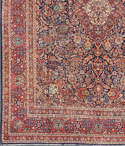 Fine Kashan Red and blue antique Persian Manchester Kashan rug with Arabesque blossom design, rug 11 - 90401, country of origin / type: Iran / Kashan, circa 1910 Gorgeous antique rug (circa 1910). Madder red and indigo blue set the attractive col... - Keivan Woven Arts11 - 90401 - 207Rug