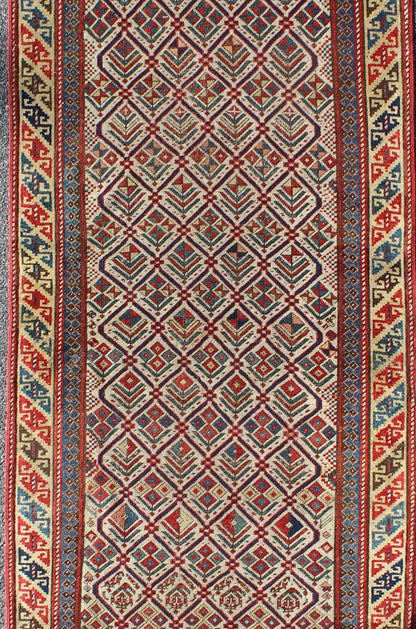 Antique Caucasian Shirvan Runner With Diamond Design in Ivory Background. Antique Caucasian Shirvan Runner with Diamond Design in Ivory Background. Keivan Woven Arts / rug 11 - 91002, country of origin / type: Caucus / Caucasian, circa 1870. M... - Keivan Woven Arts11 - 91002 - 1378Rug