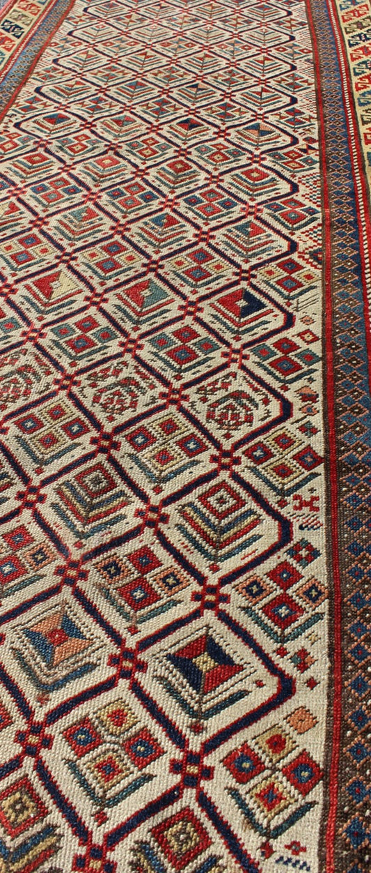 Antique Caucasian Shirvan Runner With Diamond Design in Ivory Background. Antique Caucasian Shirvan Runner with Diamond Design in Ivory Background. Keivan Woven Arts / rug 11 - 91002, country of origin / type: Caucus / Caucasian, circa 1870. M... - Keivan Woven Arts11 - 91002 - 1378Rug