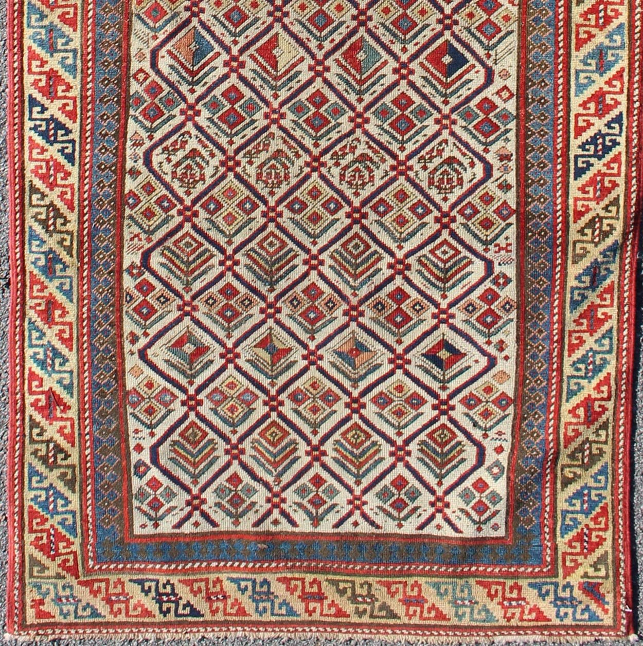 Antique Caucasian Shirvan Runner With Diamond Design in Ivory Background. Antique Caucasian Shirvan Runner with Diamond Design in Ivory Background. Keivan Woven Arts / rug 11 - 91002, country of origin / type: Caucus / Caucasian, circa 1870. M... - Keivan Woven Arts11 - 91002 - 1378Rug