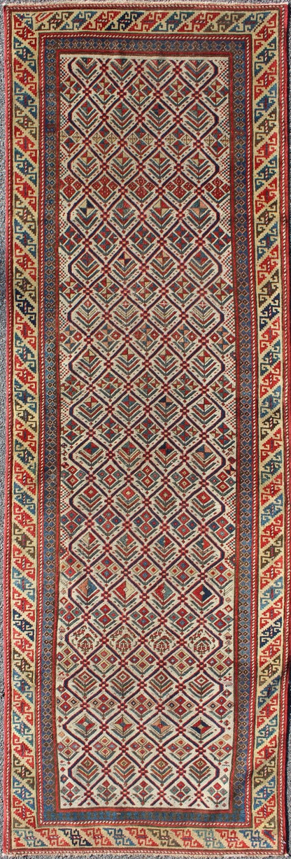 Antique Caucasian Shirvan Runner With Diamond Design in Ivory Background. Antique Caucasian Shirvan Runner with Diamond Design in Ivory Background. Keivan Woven Arts / rug 11 - 91002, country of origin / type: Caucus / Caucasian, circa 1870. M... - Keivan Woven Arts11 - 91002 - 1378Rug