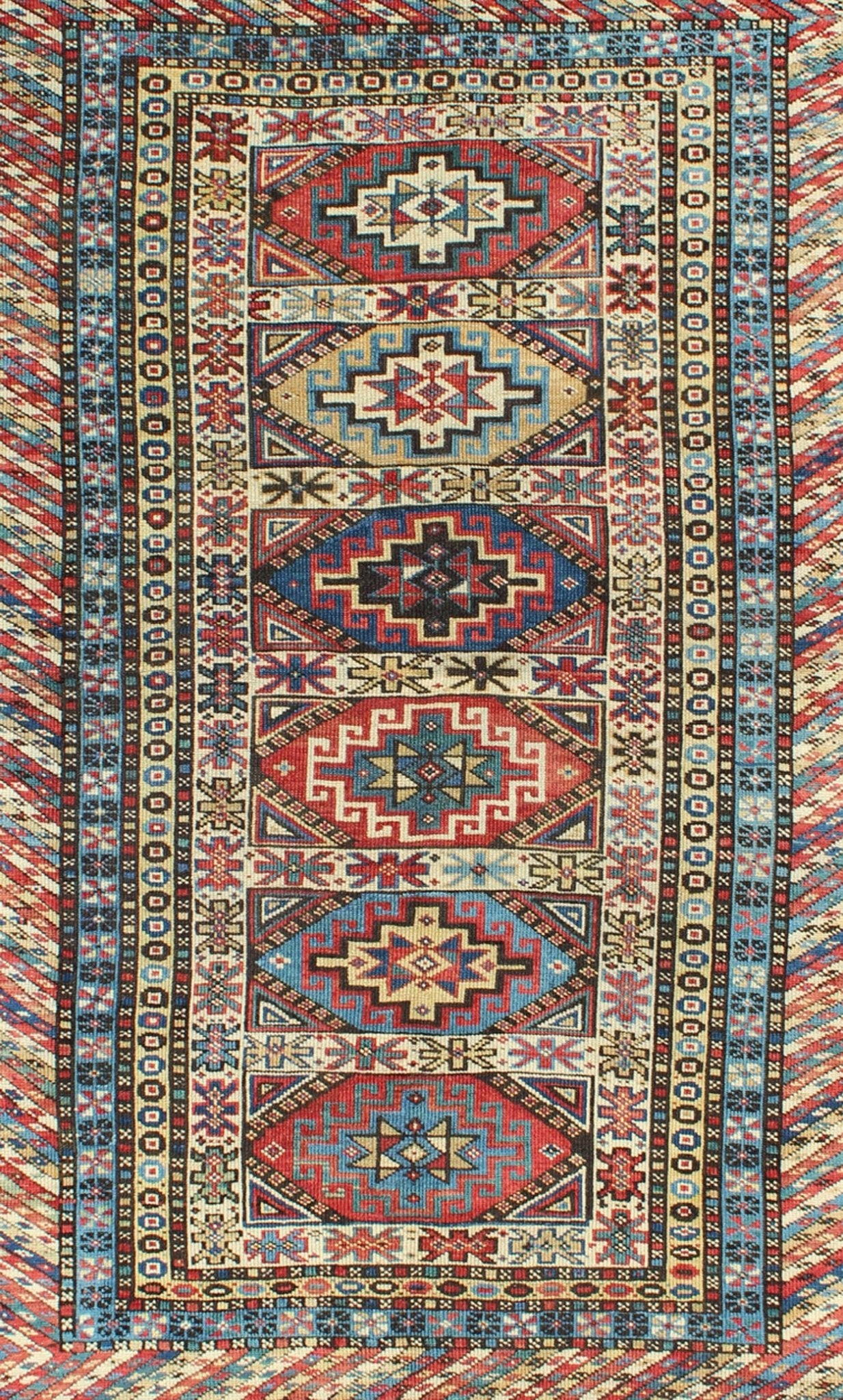 Antique Caucasian Rug with Six Central Medallions & Intricate Geometric Borders. Keivan Woven Arts / rug 13 - 0302, country of origin / type: Caucus / Kuba, circa 1880. Measures: 3'4 x 5'0. This stunning late 19th century Kuba rug from the Caucasus... - Keivan Woven Arts13 - 0302 - 4042Rug