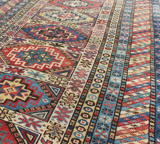 Antique Caucasian Rug with Six Central Medallions & Intricate Geometric Borders. Keivan Woven Arts / rug 13 - 0302, country of origin / type: Caucus / Kuba, circa 1880. Measures: 3'4 x 5'0. This stunning late 19th century Kuba rug from the Caucasus... - Keivan Woven Arts13 - 0302 - 4042