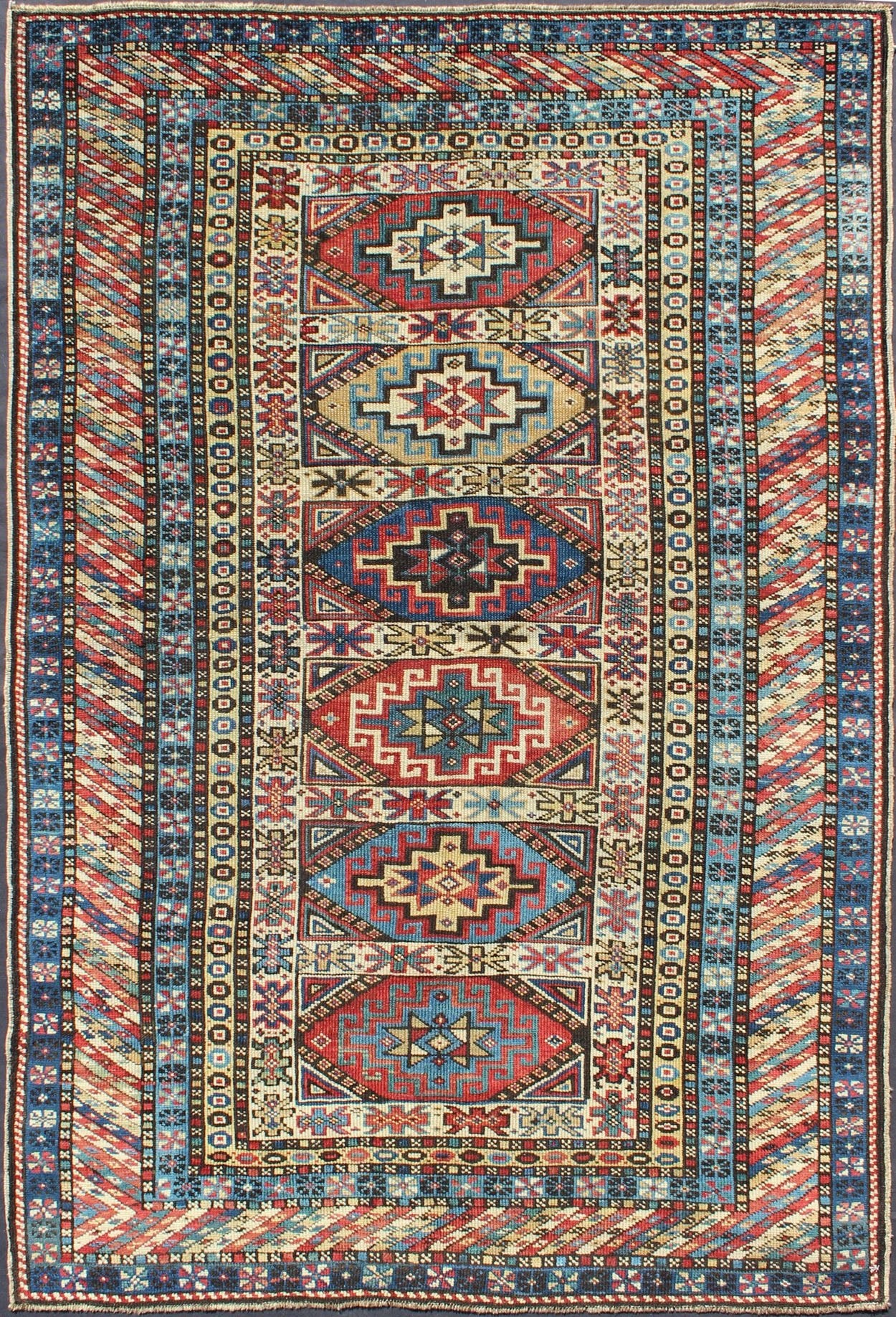 Antique Caucasian Rug with Six Central Medallions & Intricate Geometric Borders. Keivan Woven Arts / rug 13 - 0302, country of origin / type: Caucus / Kuba, circa 1880. Measures: 3'4 x 5'0. This stunning late 19th century Kuba rug from the Caucasus... - Keivan Woven Arts13 - 0302 - 4042Rug