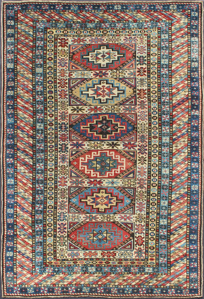 Antique Caucasian Rug with Six Central Medallions & Intricate Geometric Borders. Keivan Woven Arts / rug 13 - 0302, country of origin / type: Caucus / Kuba, circa 1880. Measures: 3'4 x 5'0. This stunning late 19th century Kuba rug from the Caucasus... - Keivan Woven Arts13 - 0302 - 4042Rug