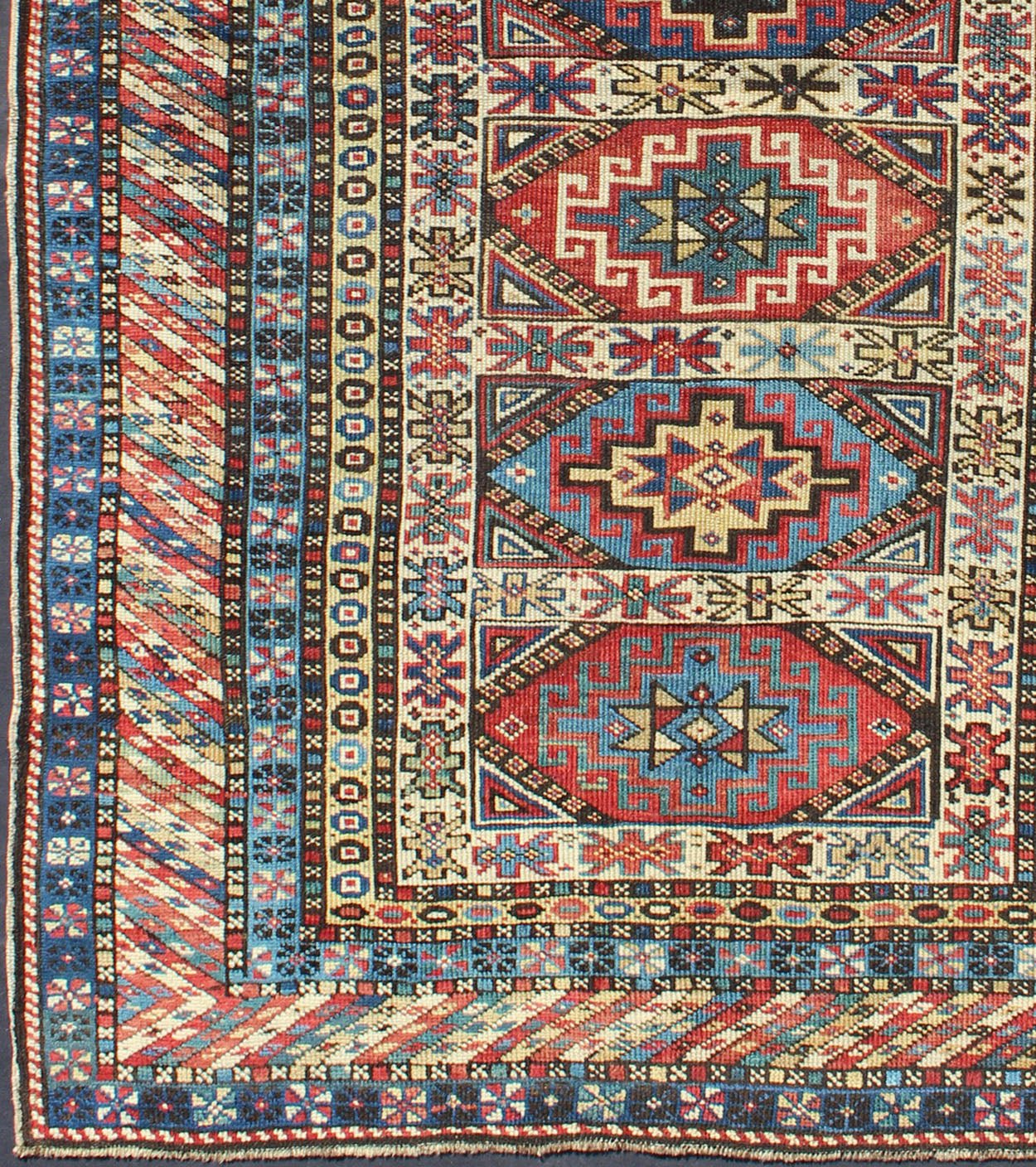Antique Caucasian Rug with Six Central Medallions & Intricate Geometric Borders. Keivan Woven Arts / rug 13 - 0302, country of origin / type: Caucus / Kuba, circa 1880. Measures: 3'4 x 5'0. This stunning late 19th century Kuba rug from the Caucasus... - Keivan Woven Arts13 - 0302 - 4042Rug