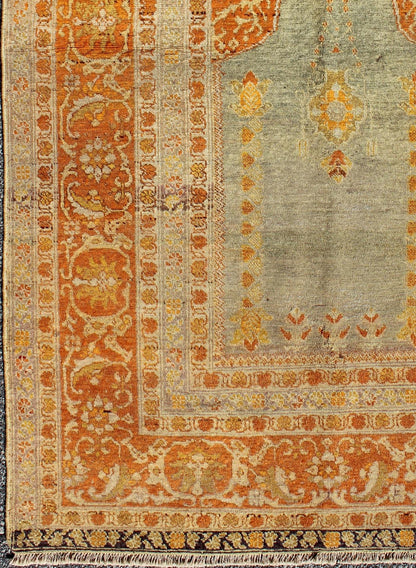 Antique Turkish Sivas Carpet with Prayer Design in Light Silver and Copper Antique Turkish Sivas Carpet With Prayer Design in Light Blue - Gray and Copper. Turkish Sivas Antique with Prayer Design. Keivan Woven Arts / rug/ 13 - 0303 origin/turkey Ea... - Keivan Woven Arts13 - 0303 - 5130Rug