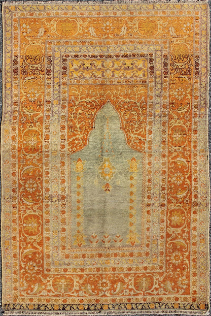 Antique Turkish Sivas Carpet with Prayer Design in Light Silver and Copper Antique Turkish Sivas Carpet With Prayer Design in Light Blue - Gray and Copper. Turkish Sivas Antique with Prayer Design. Keivan Woven Arts / rug/ 13 - 0303 origin/turkey Ea... - Keivan Woven Arts13 - 0303 - 5130Rug