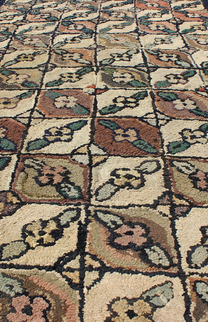 Antique American Hooked rug with all over geometric leaf design, rug 13 - 0304, country of origin / type: United States / Hooked, circa 1920 Ingenious in style, color and composition, the features in this spectacular, antique American Hooked rug c... - Keivan Woven Arts13 - 0304 - 4048Rug