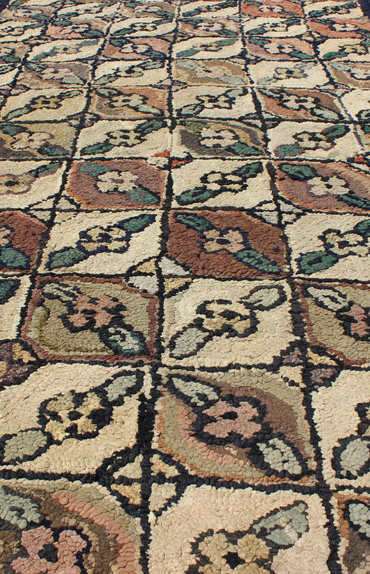 Antique American Hooked rug with all over geometric leaf design, rug 13 - 0304, country of origin / type: United States / Hooked, circa 1920 Ingenious in style, color and composition, the features in this spectacular, antique American Hooked rug c... - Keivan Woven Arts13 - 0304 - 4048Rug