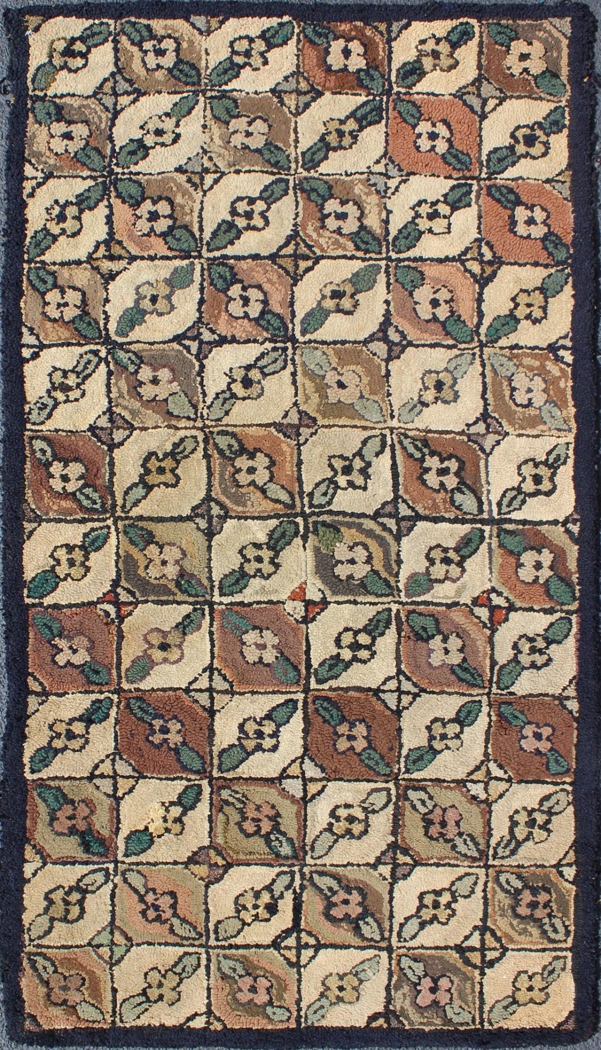 Antique American Hooked rug with all over geometric leaf design, rug 13 - 0304, country of origin / type: United States / Hooked, circa 1920 Ingenious in style, color and composition, the features in this spectacular, antique American Hooked rug c... - Keivan Woven Arts13 - 0304 - 4048Rug