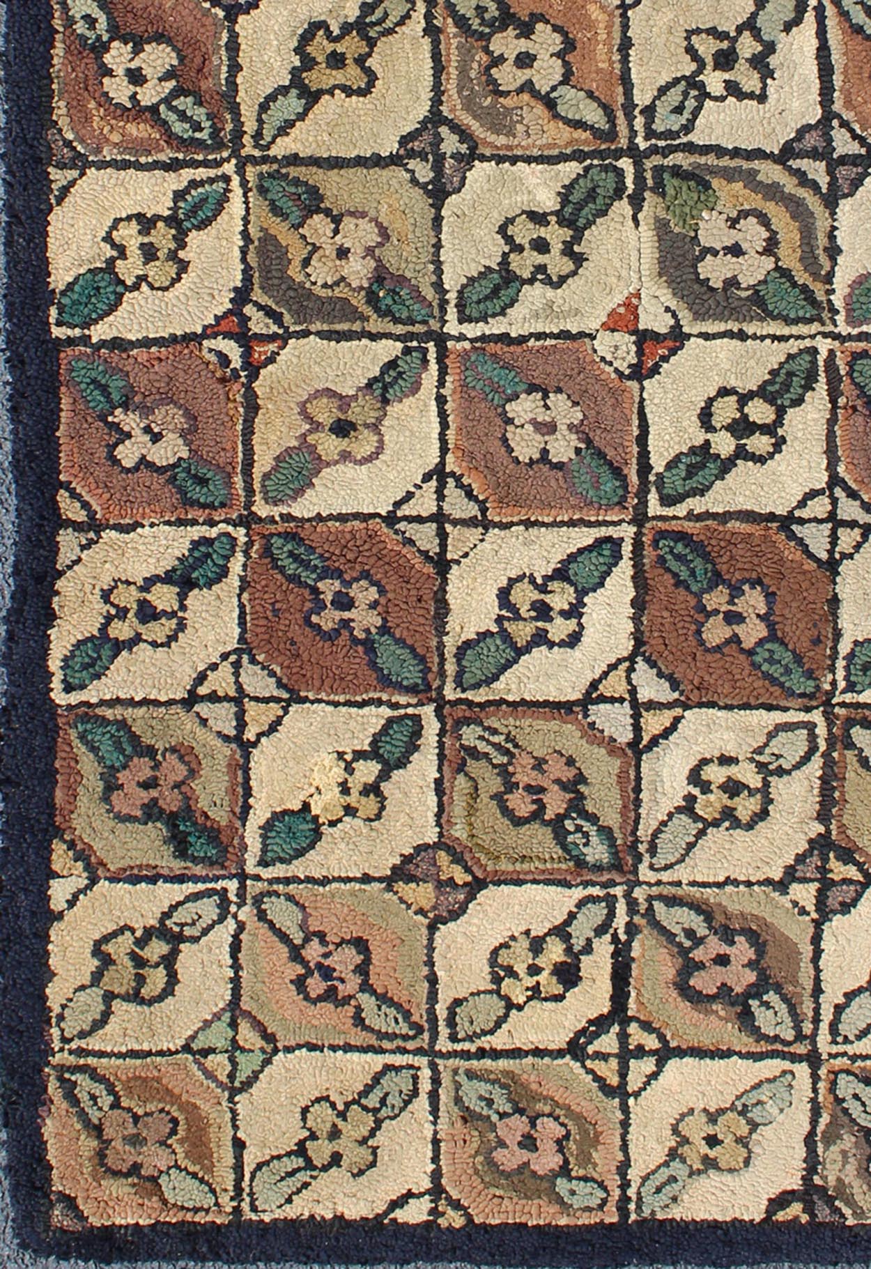 Antique American Hooked rug with all over geometric leaf design, rug 13 - 0304, country of origin / type: United States / Hooked, circa 1920 Ingenious in style, color and composition, the features in this spectacular, antique American Hooked rug c... - Keivan Woven Arts13 - 0304 - 4048Rug