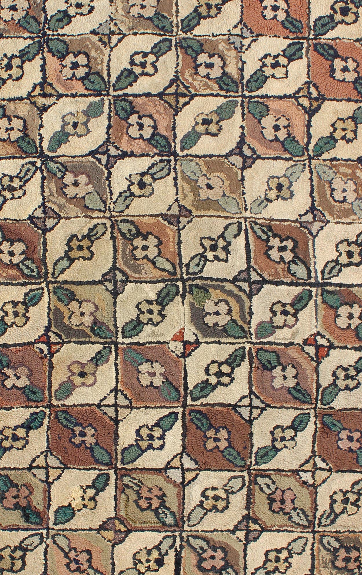 Antique American Hooked rug with all over geometric leaf design, rug 13 - 0304, country of origin / type: United States / Hooked, circa 1920 Ingenious in style, color and composition, the features in this spectacular, antique American Hooked rug c... - Keivan Woven Arts13 - 0304 - 4048Rug