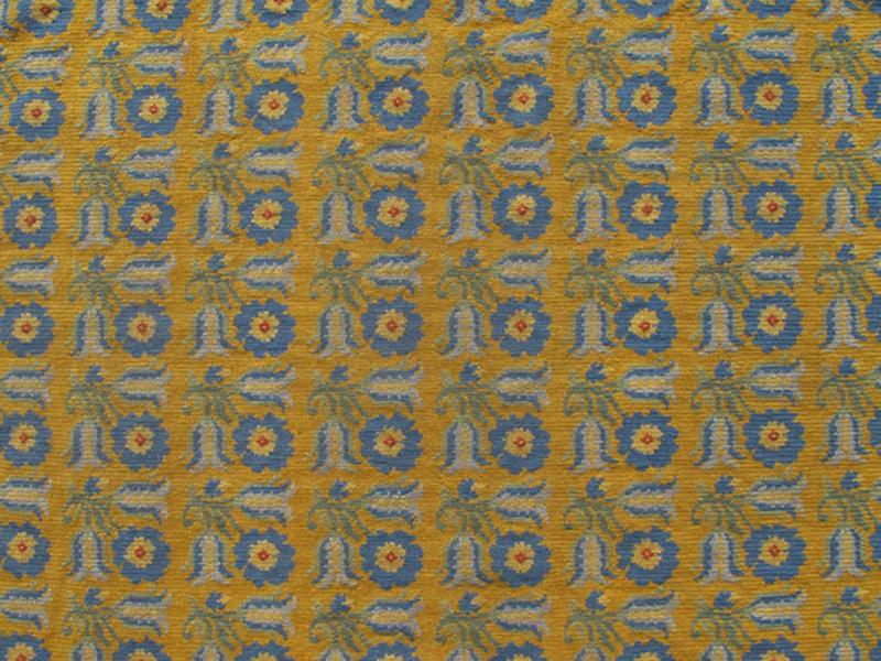 Long Antique Greek Needlepoint Runner from early 20th century, with a unique Floral Design in Yellow, 13 - 0307, This Greek needlepoint features repeating flowers of various shades of blue and hints of green. 3'3 x 17'9. - Keivan Woven Arts13 - 0307 - 4052Rug