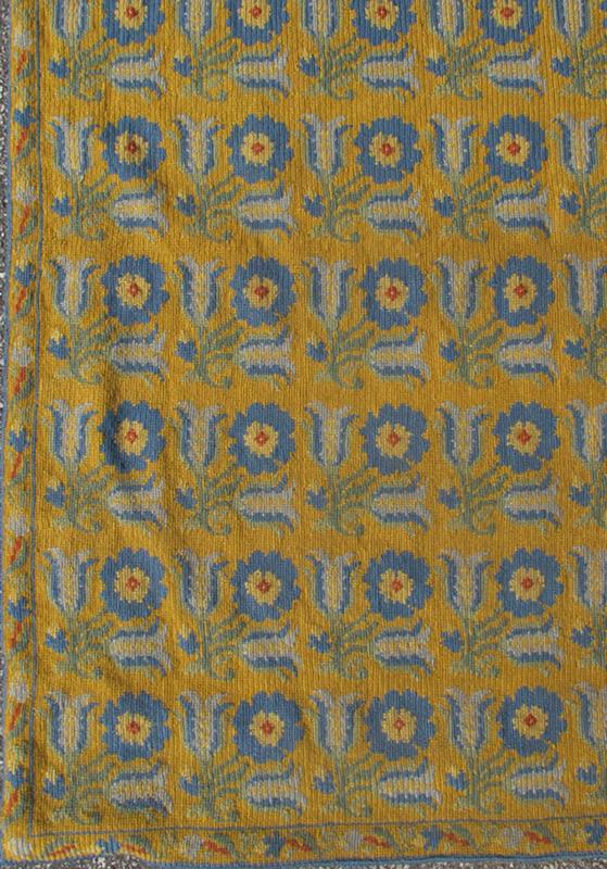 Long Antique Greek Needlepoint Runner from early 20th century, with a unique Floral Design in Yellow, 13 - 0307, This Greek needlepoint features repeating flowers of various shades of blue and hints of green. 3'3 x 17'9. - Keivan Woven Arts13 - 0307 - 4052Rug