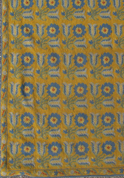 Long Antique Greek Needlepoint Runner from early 20th century, with a unique Floral Design in Yellow, 13 - 0307, This Greek needlepoint features repeating flowers of various shades of blue and hints of green. 3'3 x 17'9. - Keivan Woven Arts13 - 0307 - 4052Rug