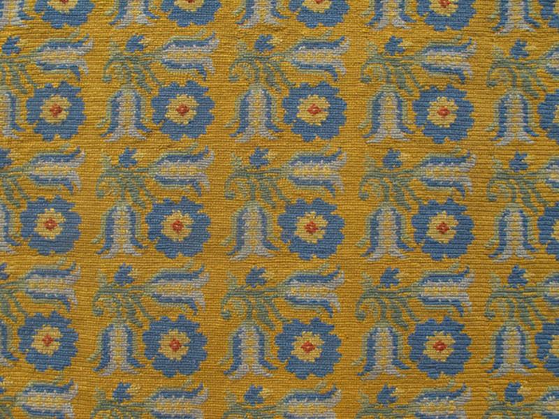 Long Antique Greek Needlepoint Runner from early 20th century, with a unique Floral Design in Yellow, 13 - 0307, This Greek needlepoint features repeating flowers of various shades of blue and hints of green. 3'3 x 17'9. - Keivan Woven Arts13 - 0307 - 4052Rug