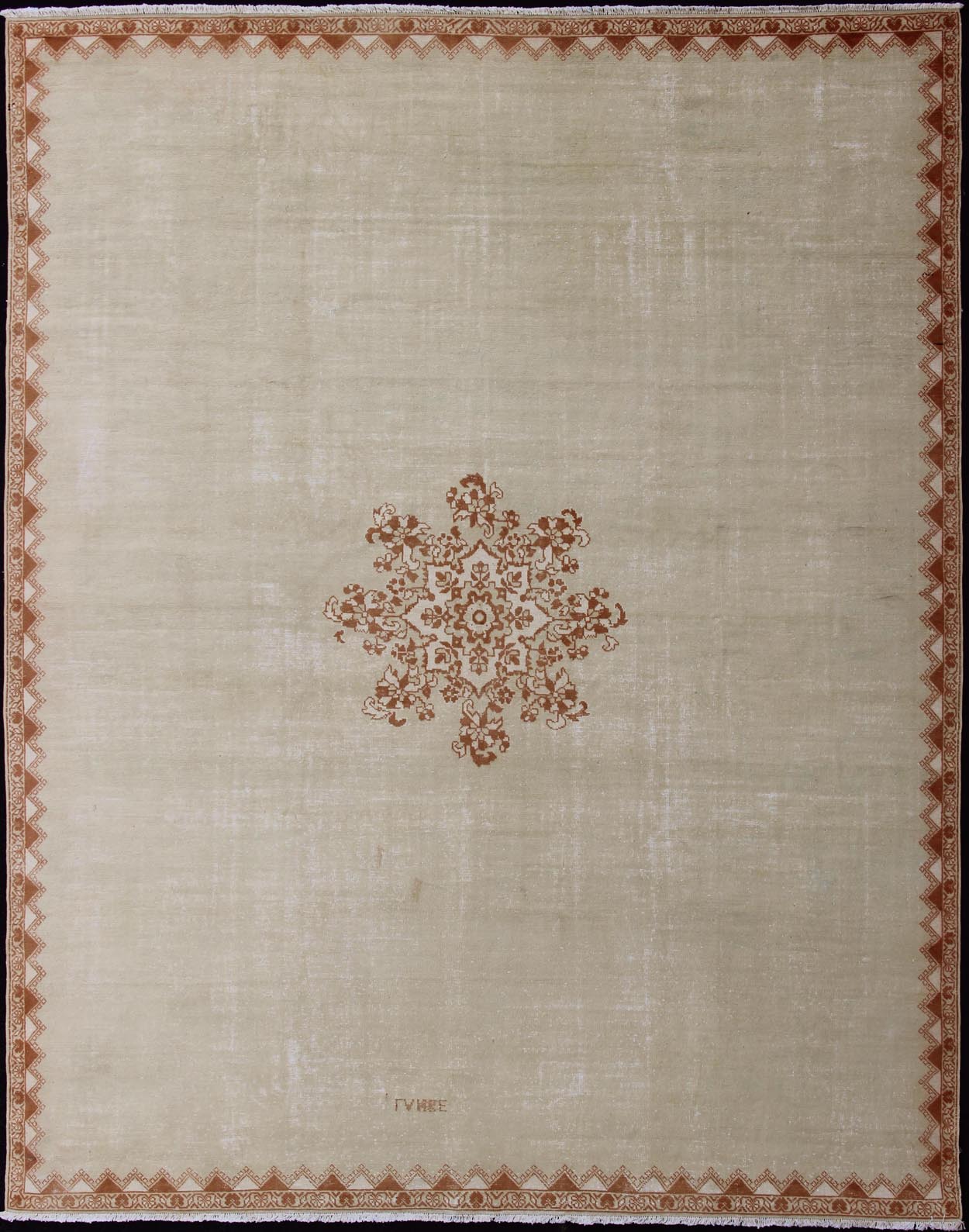 Vintage Large Moroccan Rug with Blossom Design in Ivory Background & Light brown. Vintage Large Moroccan Rug with Blossom Design in Ivory Background & Light Brown. Vintage large Moroccan rug with small central medallion and minimalist design in ... - Keivan Woven Arts13 - 0401 - 4182Rug