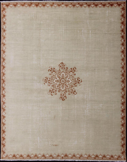 Vintage Large Moroccan Rug with Blossom Design in Ivory Background & Light brown. Vintage Large Moroccan Rug with Blossom Design in Ivory Background & Light Brown. Vintage large Moroccan rug with small central medallion and minimalist design in ... - Keivan Woven Arts13 - 0401 - 4182Rug
