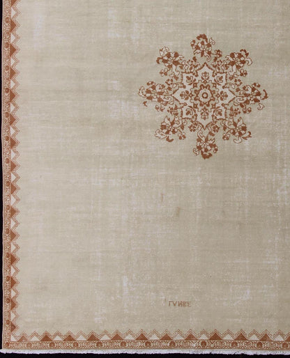 Vintage Large Moroccan Rug with Blossom Design in Ivory Background & Light brown. Vintage Large Moroccan Rug with Blossom Design in Ivory Background & Light Brown. Vintage large Moroccan rug with small central medallion and minimalist design in ... - Keivan Woven Arts13 - 0401 - 4182Rug