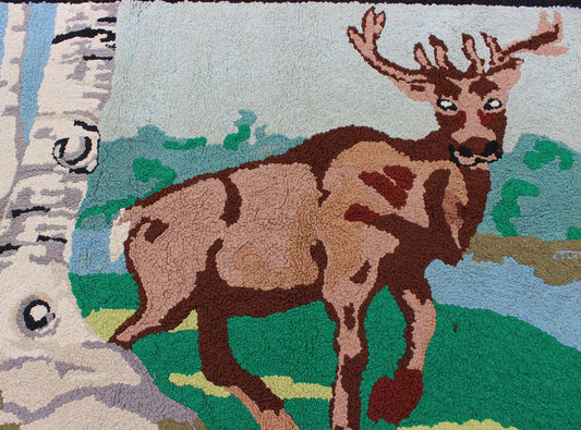 Vintage American Hooked Rug with a Bull Elk and Aspen Trees American Hooked rug vintage featuring a Elk in the high mountains, rug 13 - 0403, country of origin / type: United States / Hooked, circa 1940 The Hooked Rug depicts the Elk, Aspe... - Keivan Woven Arts13 - 0403 - 4192Rug