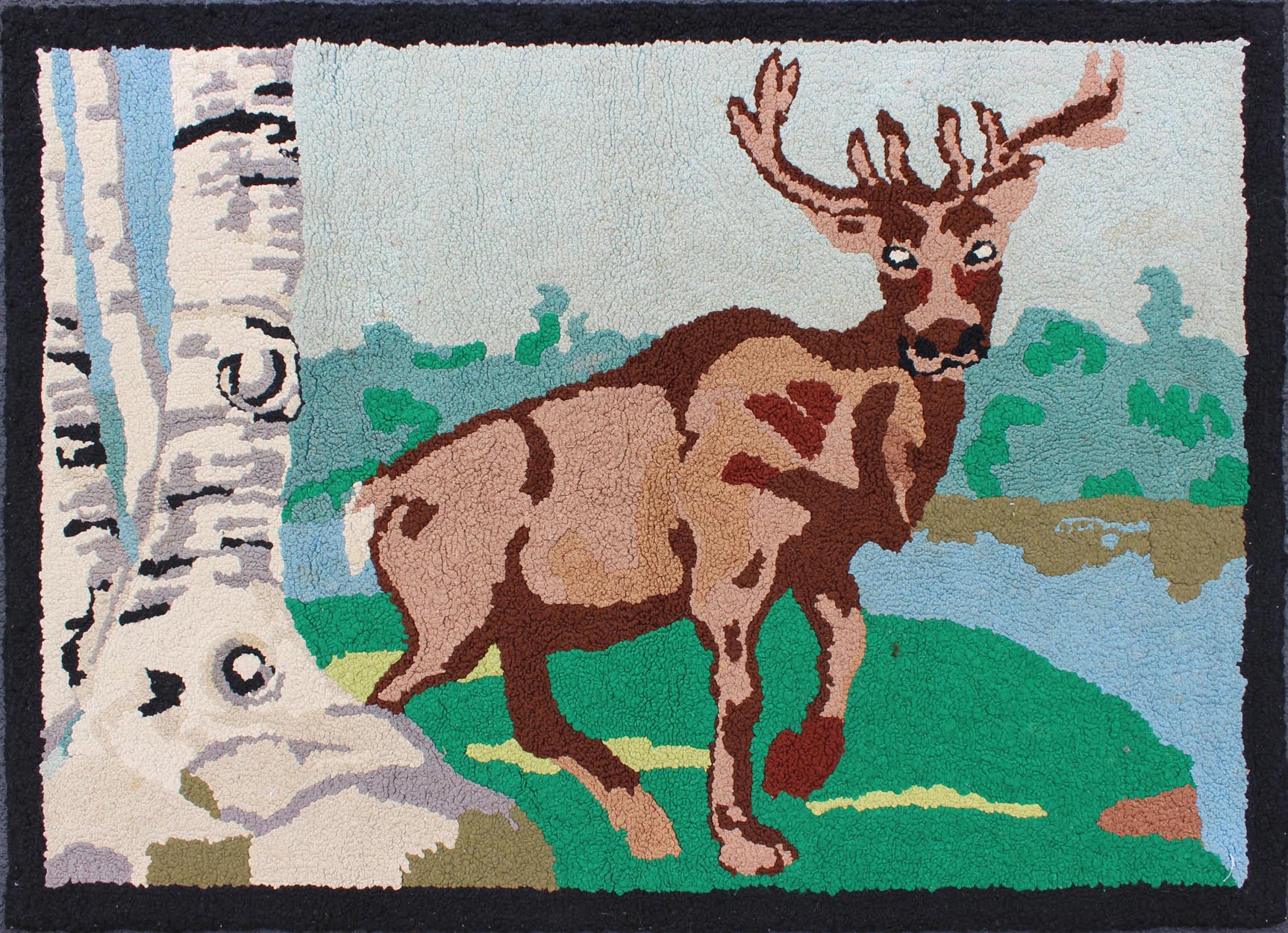 Vintage American Hooked Rug with a Bull Elk and Aspen Trees American Hooked rug vintage featuring a Elk in the high mountains, rug 13 - 0403, country of origin / type: United States / Hooked, circa 1940 The Hooked Rug depicts the Elk, Aspe... - Keivan Woven Arts13 - 0403 - 4192Rug