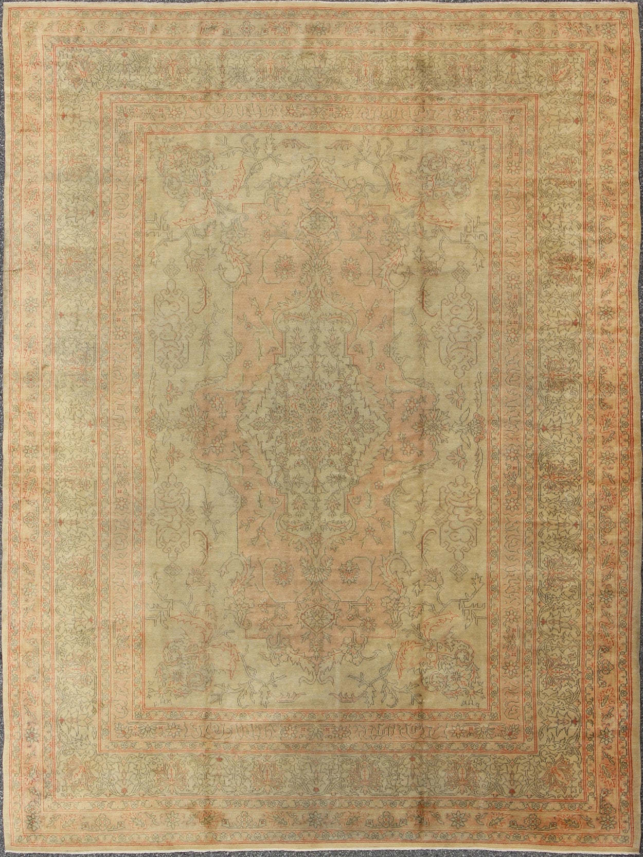 Antique Oushak Medallion Carpet in Light Green & Salmon Antique Turkish Oushak Carpet with Intricate Medallion Design, Keivan Woven Arts/ rug/13 - 0503, origin/ Turkey, Circa 1910 Measures: 8.11 x 11.8. This antique Turkish Oushak c... - Keivan Woven Arts13 - 0503 - 4200Rug
