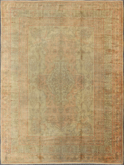 Antique Oushak Medallion Carpet in Light Green & Salmon Antique Turkish Oushak Carpet with Intricate Medallion Design, Keivan Woven Arts/ rug/13 - 0503, origin/ Turkey, Circa 1910 Measures: 8.11 x 11.8. This antique Turkish Oushak c... - Keivan Woven Arts13 - 0503 - 4200Rug