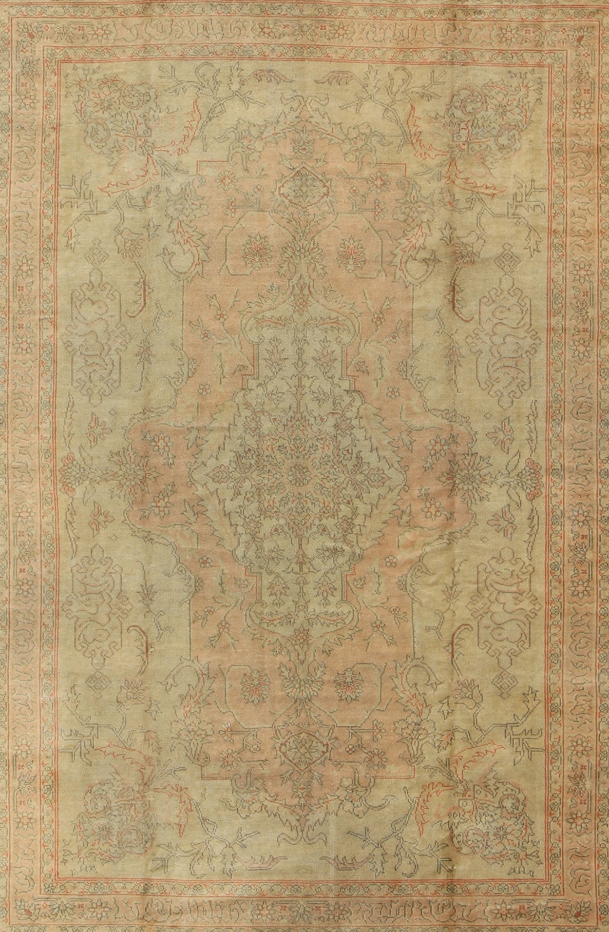 Antique Oushak Medallion Carpet in Light Green & Salmon Antique Turkish Oushak Carpet with Intricate Medallion Design, Keivan Woven Arts/ rug/13 - 0503, origin/ Turkey, Circa 1910 Measures: 8.11 x 11.8. This antique Turkish Oushak c... - Keivan Woven Arts13 - 0503 - 4200Rug