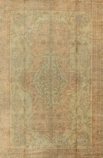 Antique Oushak Medallion Carpet in Light Green & Salmon Antique Turkish Oushak Carpet with Intricate Medallion Design, Keivan Woven Arts/ rug/13 - 0503, origin/ Turkey, Circa 1910 Measures: 8.11 x 11.8. This antique Turkish Oushak c... - Keivan Woven Arts13 - 0503 - 4200Rug
