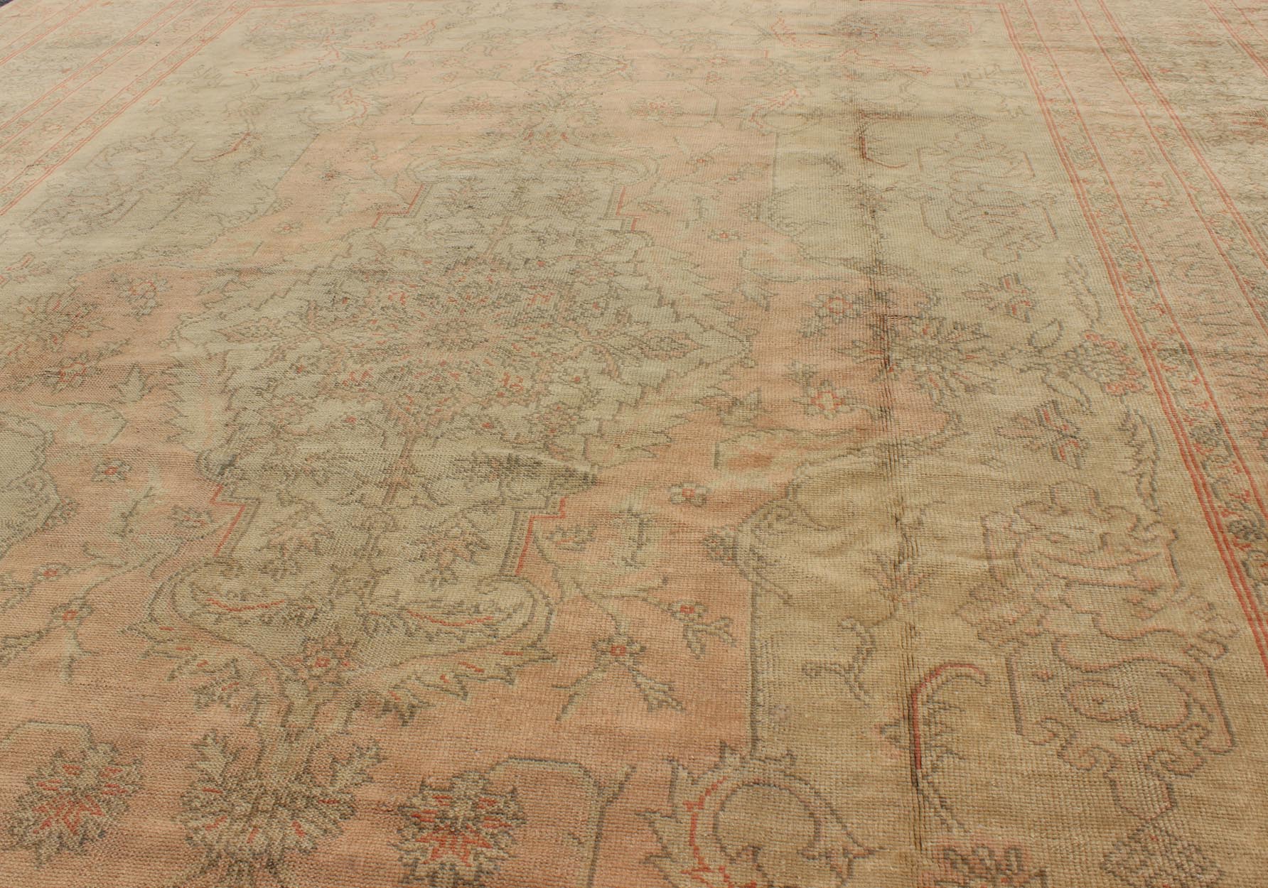 Antique Oushak Medallion Carpet in Light Green & Salmon Antique Turkish Oushak Carpet with Intricate Medallion Design, Keivan Woven Arts/ rug/13 - 0503, origin/ Turkey, Circa 1910 Measures: 8.11 x 11.8. This antique Turkish Oushak c... - Keivan Woven Arts13 - 0503 - 4200Rug