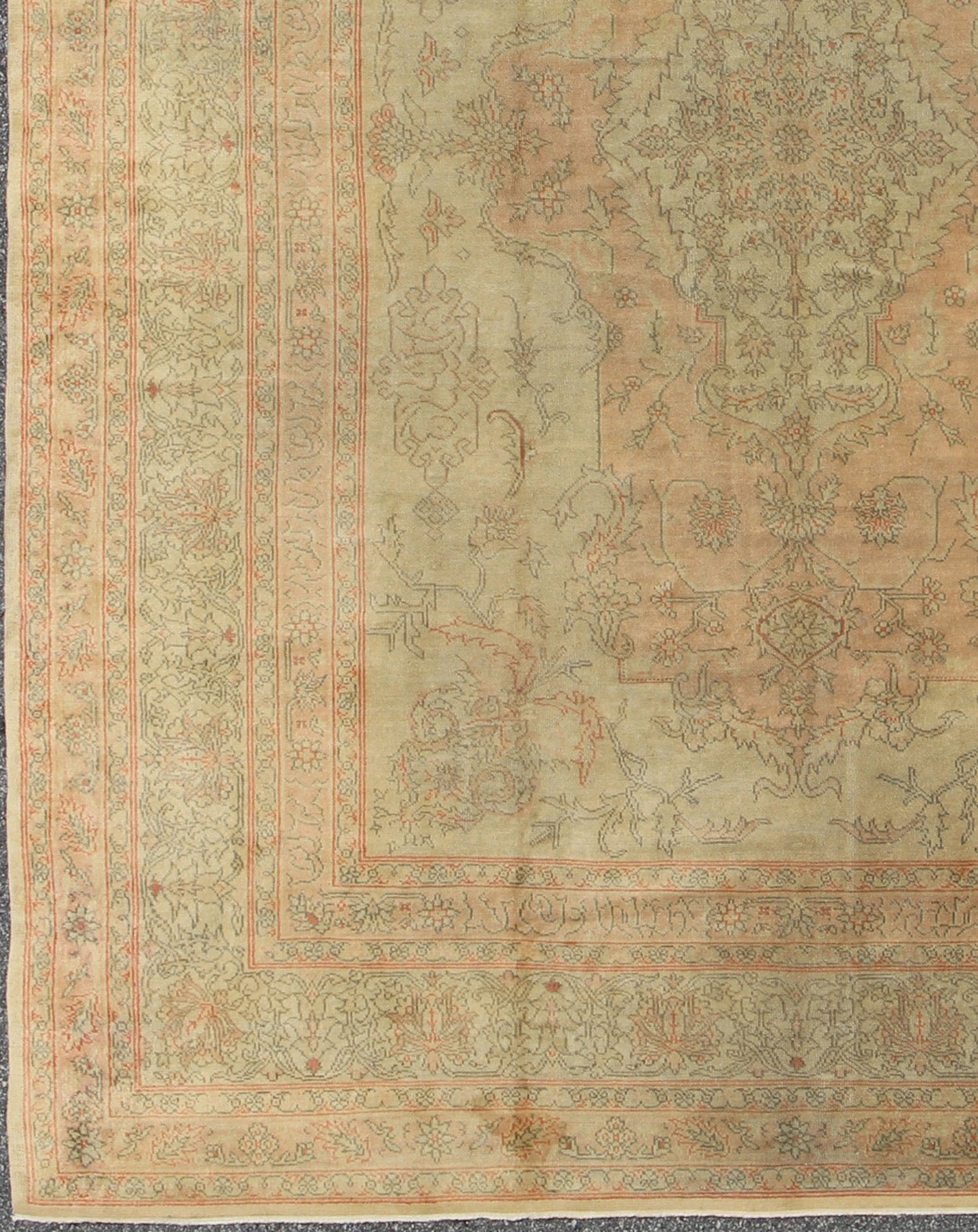 Antique Oushak Medallion Carpet in Light Green & Salmon Antique Turkish Oushak Carpet with Intricate Medallion Design, Keivan Woven Arts/ rug/13 - 0503, origin/ Turkey, Circa 1910 Measures: 8.11 x 11.8. This antique Turkish Oushak c... - Keivan Woven Arts13 - 0503 - 4200Rug