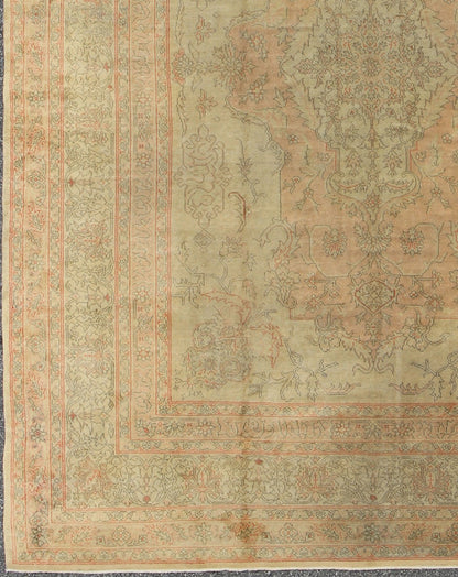 Antique Oushak Medallion Carpet in Light Green & Salmon Antique Turkish Oushak Carpet with Intricate Medallion Design, Keivan Woven Arts/ rug/13 - 0503, origin/ Turkey, Circa 1910 Measures: 8.11 x 11.8. This antique Turkish Oushak c... - Keivan Woven Arts13 - 0503 - 4200Rug